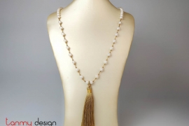 Pearl necklace mixed 18k gold bars & silk tassel